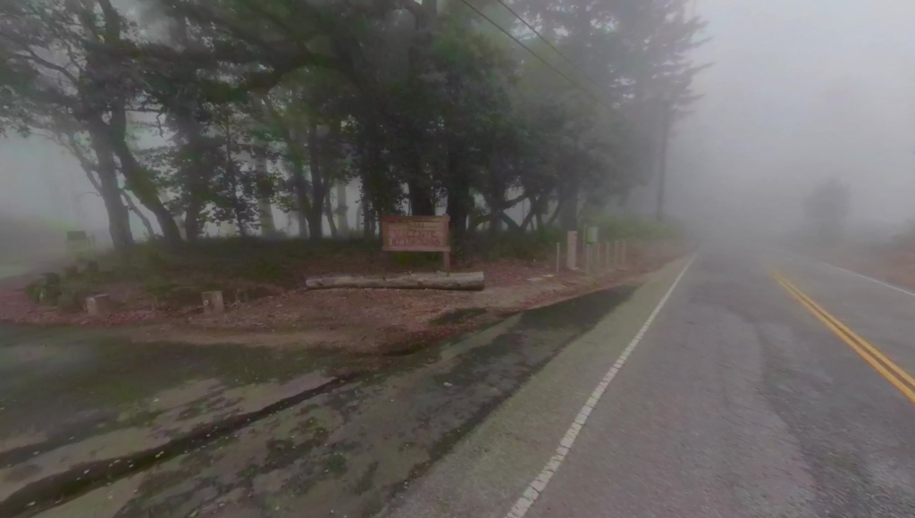 Foggy-day picture of San Vicente Redwoods entrance.